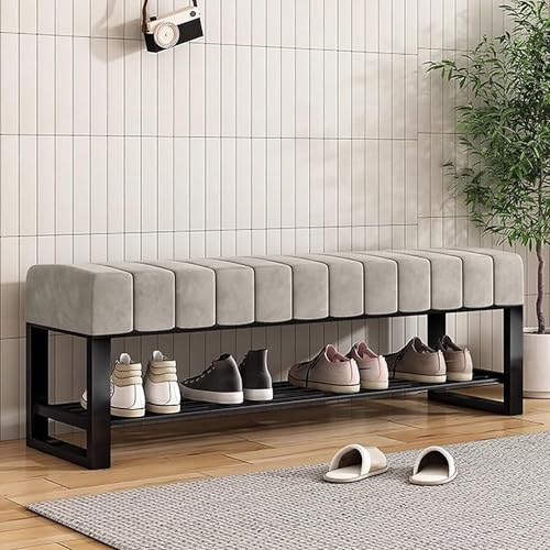 Samt-Schuhbank mit gepolstertem Sitz 2-stöckiges Schuhregal für den Eingangsbereich Metallrahmen Pouf für Schlafzimmer Größe 100 x 32 x 45 cm Farbe Grau