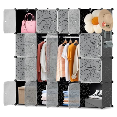 Monucep Regalsystem Schuhregal 16 Würfel Kleiderschrank aus Kunststoff mit Türen Steckregal DIY-Modul-Bücherregal aus Kunststoff 140 x 35 x 140 cm Aufbewahrung von Kleidung Schuhen und Büchern