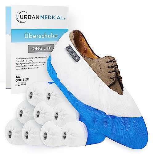 URBAN MEDICAL 50x Extra Starke Einweg Mehrweg SchuhÃ¼berzieher mit Rutschfester Sohle LONG LIFE Wasserdicht und ReiÃŸfest FÃ¼r In- und Outdoor Onesize - 12g je Ãœberschuh