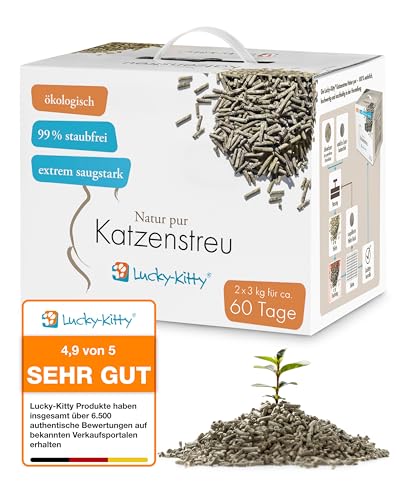 Lucky-Kitty Katzenstreu Klumpstreu 6 kg für 60 Tage ökologisch I Staubfrei klumpend hochsaugfähig geruchsneutralisierend I Allergiker-freundliche Streu mit Duft in Toilette entsorgbar