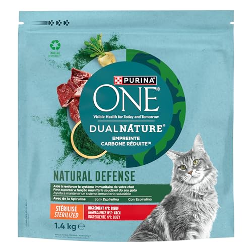 PURINA ONE DualNature Natural Defense Trockenfutter mit Rind für ausgewachsene Katzen sterilisiert 1 4 kg Beutel
