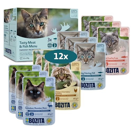 BOZITA Multibox Mixpack Lachs Hering viel Huhn Rentier - Häppchen in Soße 12x85g Pouch Portionsbeutel - getreidefreies Nassfutter für erwachsene Katzen