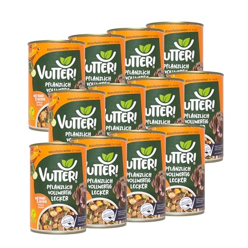 VUTTER Nassfutter Wie Rind Huhn 12x400 g Hundefutter Vegan   Alleinfutter für Hunde   Fleischähnlich für hohe Akzeptanz   Sojaprotein für Muskeln Zink für Haut Fell Kalzium für Zähne Knochen