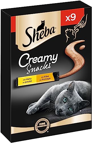 Sheba Creamy Snacks Cremiges Katzen-Leckerli mit Huhn Käse Praktische Sticks zum aus der Hand Schlecken 7 x 9 x 12g