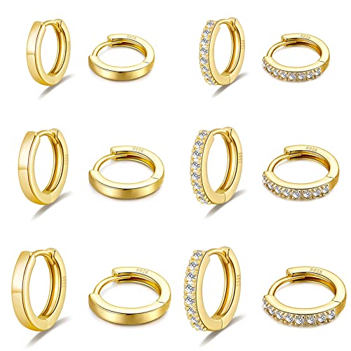 6 Paar Goldene Creolen für Damen - 14 Karat Vergoldete Leichte Hypoallergene Mini-Ohrringe Mit Kleinen Zirkonia