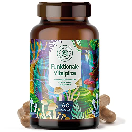 Funktionale Vitalpilze von Alpha Foods mit Maitake Shiitake Chaga Cordyceps Reishi Lions Mane Agaricus - Hochpotente Dual-Extrakte HPCL-Laborgeprüft - 60 Kapseln - Alpha Foods