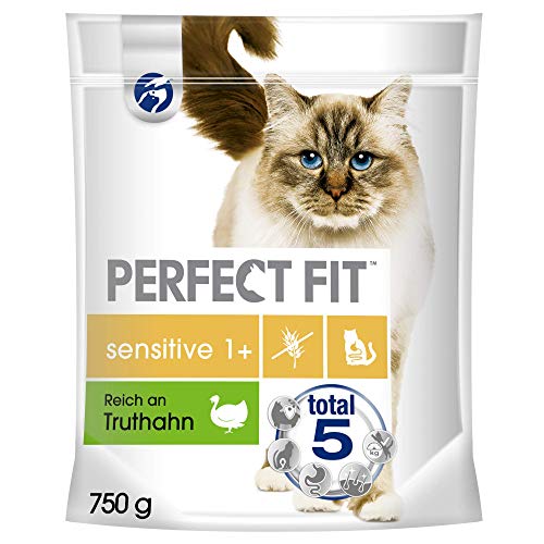 Perfect Fit Katzenfutter Trockenfutter Sensitive ohne Weizen und Soja für optimale Verdauung Adult 1 Reich an Truthahn 1 Beutel 1 x 750g
