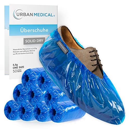 URBAN MEDICAL 50x Wasserdichte Einweg Mehrweg SchuhÃ¼berzieher mit Rutschfester Sohle SOLID DRY ReiÃŸfest und Durchriebsicher FÃ¼r In- und Outdoor Onesize - 5 5g je Ãœberschuh