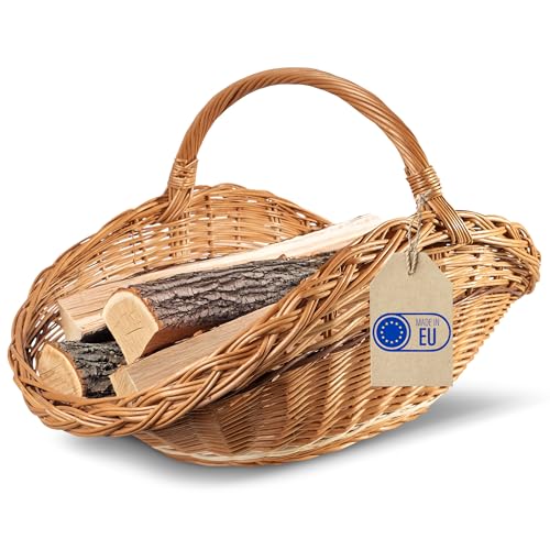 Creative Home Groß Holztrage Rattan Kaminholzkorb Kaminkorb Tragekorb 67 x 41 x 43 cm Aufbewahrung Oval Holzkorb Weidenkorb für Kaminholz Holz Braun Dick Weide Feuerholzkorb mit Streifen