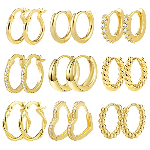  Set 9 Paar 14k Echt Vergoldete Kleine Multipack AAA Zirkonia Twist Herz Hypoallergen Piercing Knorpel Mehrere Ohrlöcher