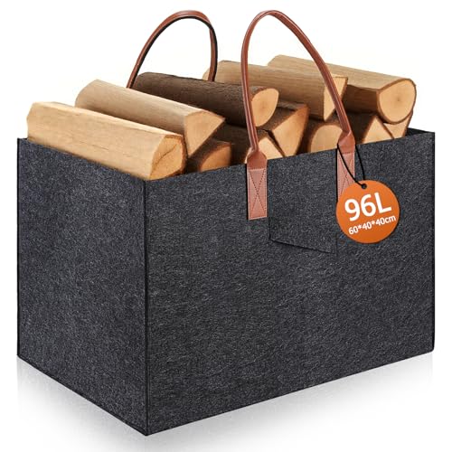 TOBWOLF Brennholzkorb für Kaminholz 60 X 40 X 40 CM XXL Faltbarer Holzkorb für Kaminholz Extra Dicker Filz Brennholzkorb aus Extradickem Filz Verstärkte Griffe Kaminholzkorb Feuerholzkorb