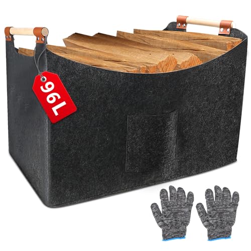 WJMY Kaminholzkorb Filz XXL 96L 60x40x40cm Holzkorb für Kaminholz Groß Extra Dicker Filz Faltbarer Brennholzkorb Mit Holzgriff und Handschuhen für Brennholz Einkäufe 60 40 40cm