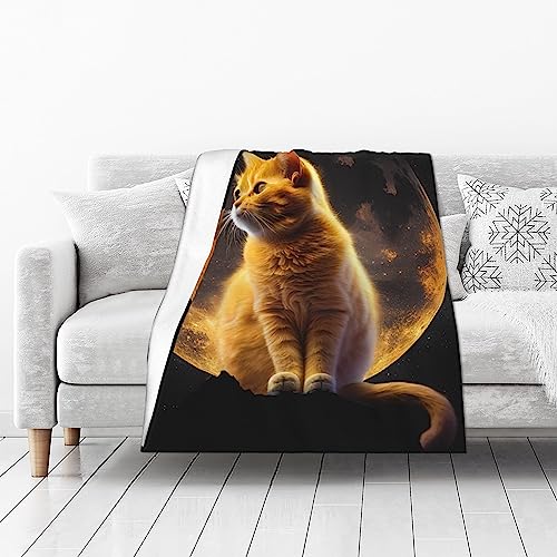 NEI-WAI Gelbe Katze im Mondschein Decke - Bezaubernde gelbe Katze im Mondschein gebadet Perfekt für Sofa Bett verleiht Ihrem Raum eine Prise Verspieltheit und Mysterium 100x125CM