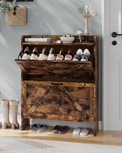 RBFGYIOP Schlankes platzsparendes Schuhregal für den Eingangsbereich mit 2 Klapptüren verstellbare Einlegeböden solide Metallbeine kompaktes Design und industrieller Stil großes