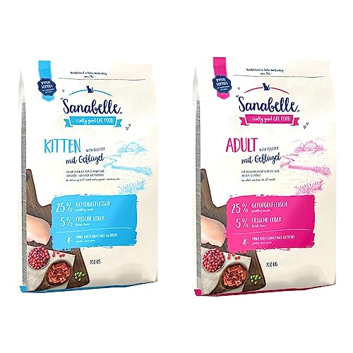 Sanabelle Kitten Katzentrockenfutter für heranwachsende tragende säugende Katzen 1 x 10 kg Adult mit Geflügel Katzentrockenfutter für ausgewachsene Katzen ab dem 12. Monat 1 x 10 kg