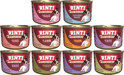 RINTI-Gold Hundefutter Bundle 20 x 185g Nassfutter für kleine Feinschmecker Garantierter 8-Sorten-Mix 70% Fleisch Innereien Ohne Formfleisch Soja Farb- Aromastoffe