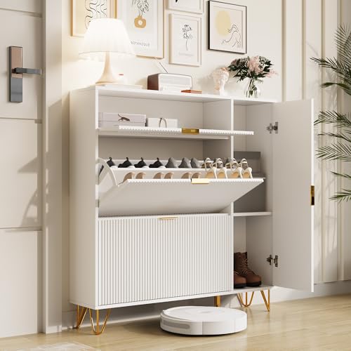 Schuhschrank mit 3 Klappen und 1 Türen Schuhregal Shoe Cabinet weiß Schuhkipper mit 6 Fächern schuhschränke für Flur oder Eingangsbereich platzsparend 110 x 24 x 120 cm 3 Klappen und 1 Tür