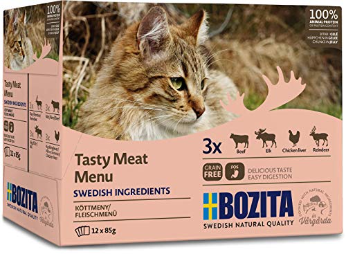 BOZITA Multibox Mixpack Rentier Rind Elch Hühnchenleber Häppchen in GELEE 12x85g Pouch Portionsbeutel - getreidefreies Nassfutter für erwachsene Katzen