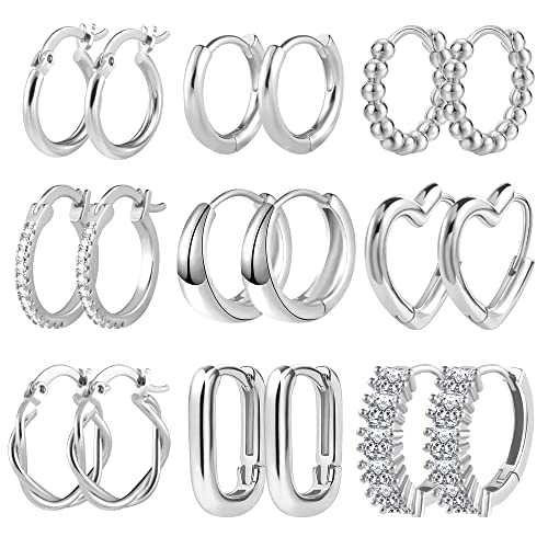  Multipack Kleine Set Oval Herz Klobig Zirkonia Twist Quadrat Kreolen Piercing Knorpel Set für Mädchen