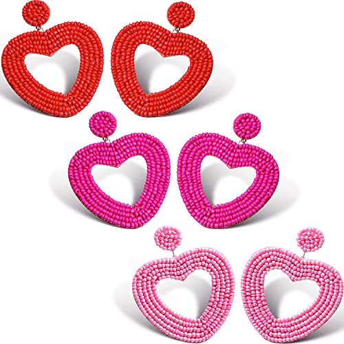 3 Paar Herzohrringe Valentinstag Perlenohrringe Pink Rose Rot Ohrringe Valentines Bohemia Statement Perlenohrringe Seed Bead Herz Creolen Ohrstecker für Frauen Mädchen