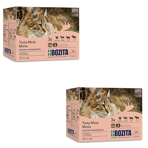 Bozita Fleischmenü Multibox Doppelpack 2 x 12 x 85 g Getreidefreies Nassfutter für Katzen Häppchen in Gelee Mit den Sorten Elch Hühnchenleber Rentier und Rind