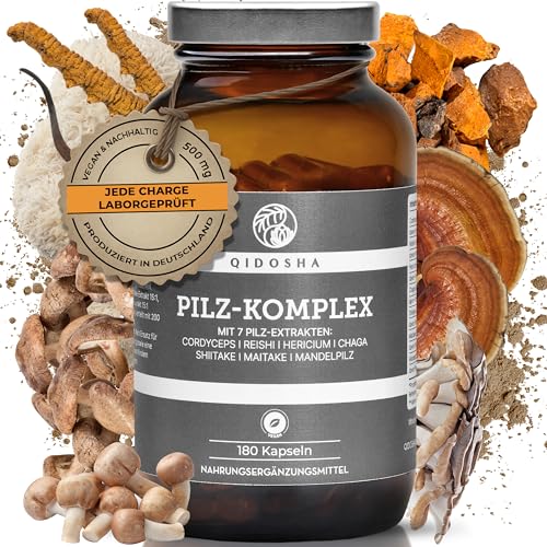 QIDOSHA Pilz Komplex Kapseln 180 Stk im Apothekerglas hochreine Dual-Extrakte aus den 7 Vitalpilzen Cordyceps Reishi Hericium Chaga Maitake Shiitake Agaricus blazei Mandelpilz vegan