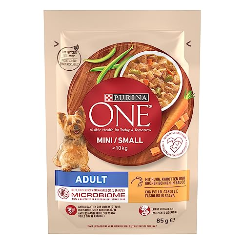 PURINA ONE Mini Small Adult Hundefutter nass für kleine Hunde reich an Huhn Gemüse 26er Pack 26 x 85g