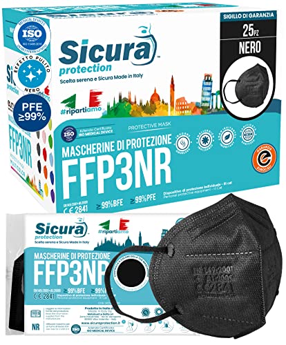 25x CE-zertifizierte FFP3-Masken Schwarz Made in Italy mit aufgedrucktem SICURA-Logo PFE 99% BFE 99% SANIFIZIERT und einzeln versiegelt