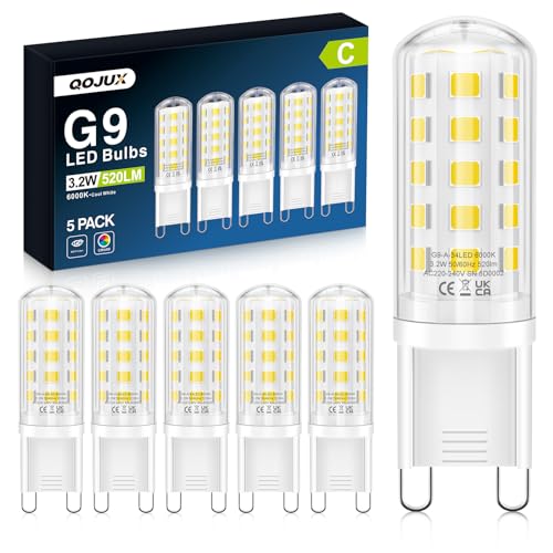 QOJUX LED Kaltweiss 3.2W 520LM Energieeffizienzklasse C LED Leuchtmittel Ersatz für 40W 50W Halogenlampe 6000K Glühbirne Kein Flackern Nicht Dimmbar Enegiesparende Kleine Birne 5er Pack