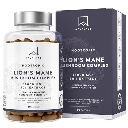 Lions Mane Mushroom Complex 18000 mg Hericium Erinaceus Hochdosiert 30 1 Extrakt - Löwenmähne Pilz - Lions Mane Kapseln mit Reishi Cordyceps Zink - 120 Kapseln