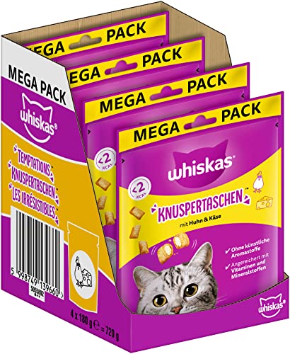 Whiskas Knuspertaschen Katzensnack mit Huhn Käsegeschmack 4er Pack 4x180g Katzenleckerlis für erwachsene Katzen