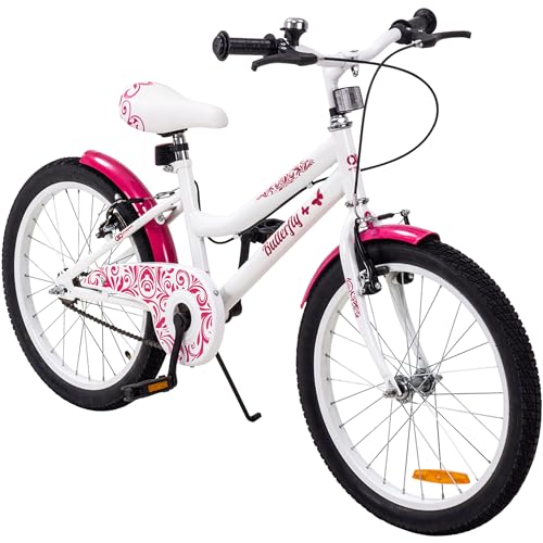 Actionbikes Kinderfahrrad Butterfly 20 Kinder Fahrrad für Mädchen   Von 6 9 Jahren   V Brake Bremse   Freilauf   Kettenschutz   Fahrräder   Laufrad   Kinderrad Weiß Pink