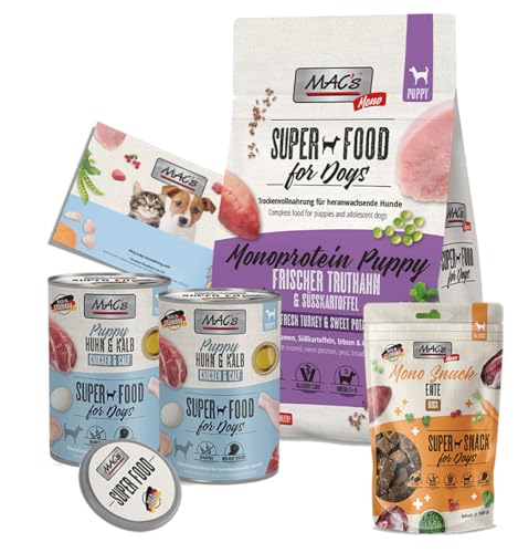 Mac s Puppy Welpen-Box 2X Nassfutter 400g 1x Trockenfutter 750g 1x Mono Snack Ente 100g Getreidefrei auch für allergieempfindliche Hunde inkl. Bonusmaterial