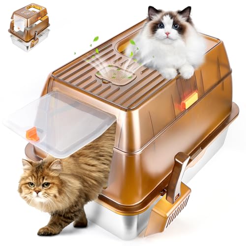 Bartuke Edelstahl Katzenklo XXL mit Deckel Geschlossenes Katzentoilette Große mit Abnehmbaren Spritzschutz und Deckel Auslaufsicher und Leicht zu Reinigen Edelstahl Katzentoilette Hop in Braun