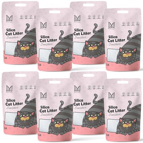 MERSJO Sensitive Premium Silikat Katzenstreu - Natürlich Geruchsfrei Komfortabel für Empfindliche Katzen Staubfrei Klumpenfrei Absorbiert Gerüche verhindert Bakterienwachstum 8x3.8L