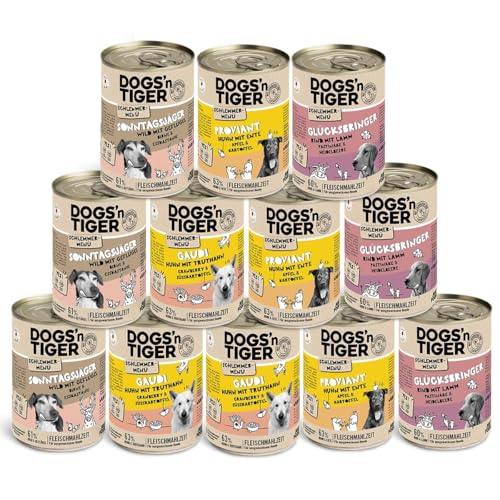 Dogs n Tiger Adult Hundefutter Nassfutter Getreidefrei Schlemmerpaket ohne Zuckerzusatz künstliche Konservierungsstoffe optimale Verträglichkeit Wild Huhn Ente Lamm Rind 12x400g