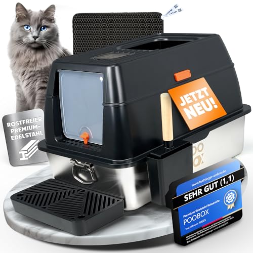 POOBOX Katzenklo Premium-Edelstahl geschlossen Katzentoilette mit Deckel groß geruchsfrei hygienisch Toilette inkl. Schaufel und Matte für kleine große Katzen XXL Cat Litter Box