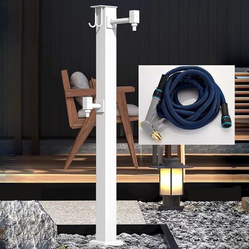 Frostfreier Wasserhahnständer für den Außenbereich freistehender Wasserzapfhahn und Schlauchhalter 80 cm weiße Gartenwassersäule mit C-Bodeneinlass für den ganzjährigen Gebrauch
