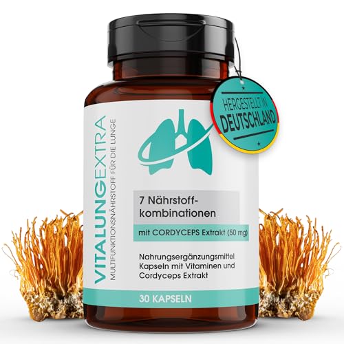 VitalungExtra Lungenkraut 50mg vegan für die Lunge Vitamin A D3 C E B6 chinesischem Vitalpilz Lungenkraut Atem Komplex 30