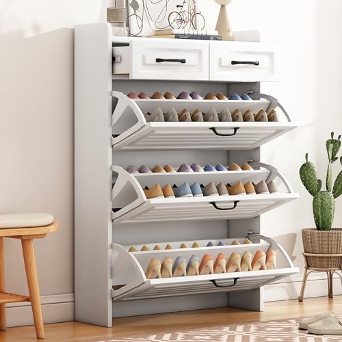Schuhkommode mit drehbarem Schuhschrank bestehend aus drei großen Klappen und zwei Schubladen Holzschuhschrank Schuhregal Geeignet für Eingangsbereiche und Wohnzimmer - Maße B80 T23.5 H120 cm