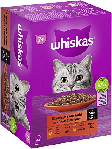 Whiskas 7 Katzenfutter Klassische Auswahl in Sauce 12x85g 1 Packung Hochwertiges Nassfutter ab dem 7. Lebensjahr in 12 Portionsbeuteln