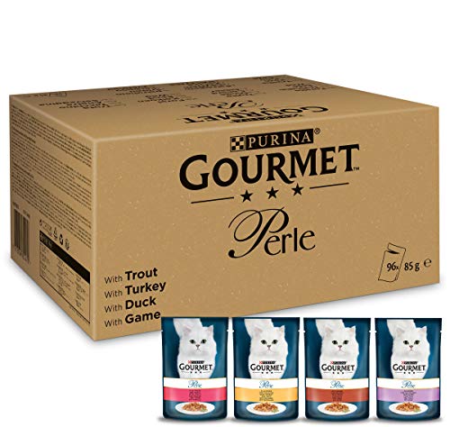 PURINA GOURMET Perle Erlesene Streifen Gelee 96 Portionsbeutel nass Sorten Mix 12x 8 Beutel 85g 12 Stück 1er Pack