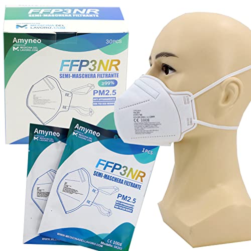 medicinadellavoro.com 30 FFP3 mit Gummibändern Mund- und Nasenschutz Maske mit 5 lagige Maske ohne Ventil Staub- und Partikelschutzmaske Medizinische Schutzmaske mit Hoher PFE 99% 30 Stück