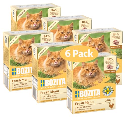 Bozita Tetra Sterilised Häppchen in Sauce viel Huhn 6x370g getreidefreies zuckerfreies Nassfutter für ohne Gentechnik 8 5% Protein 4 5% Fett hochwertig besonders schmackhaft
