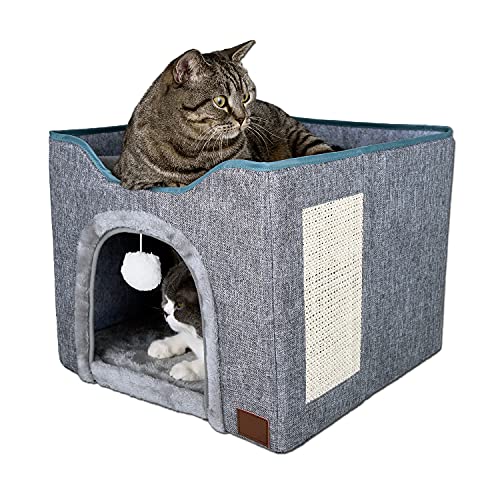 YUDOXN Faltbares Haus mit Terrasse Faltbares Katzenhaus Höhle und kleine Hunde weicher Ball zum Aufhängen und Kratzen 44x 44x 36 cm Grau