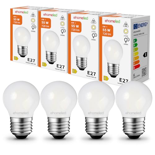 ehomeled E27 LED G45 Mini Glühbirne Warmweiß 2700K Opalglas Retro-Filament 720lm 6W 55W Blendfreie LED Lampe für Schlafzimmer Hotel 4er-Pack