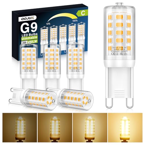 QOJUX G9 LED Warmweiß Dimmbar 3W 480LM Energieeffizienzklasse C LED Leuchtmittel Ersatz für 40W 50W Halogenlampe 2700K G9 Glühbirne Kein Flackern AC 220-240V Enegiesparende Kleine Lampe 5 Stück