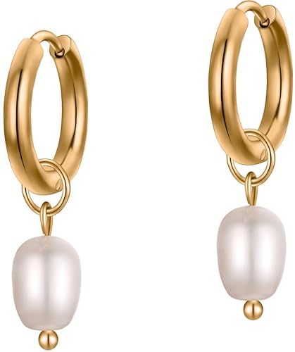 day.berlin Perlen Ohrhänger Celi 18k vergoldet Damen Ohrringe 14mm Durchmesser mit echter Süßwasserperle 7x8mm kleine Creolen aus 316L Edelstahl nickelfrei und wasserfest