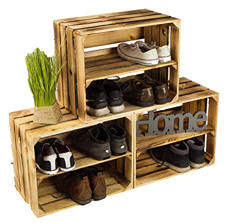 3x Schuhschrank aus geflammten Holzkisten Schuhablage für 12 Paar Schuhe als Schuhständer Schuhaufbewahrung aus Holz Maße 50x30x40cm je Kiste stabiles Regal in Obstkisten Optik