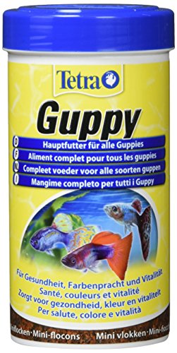 Tetra Guppy Hauptfutter für Guppys und andere lebendgebärende Zahnkarpfen Miniflocken mit Farberstärkern 250 ml Dose